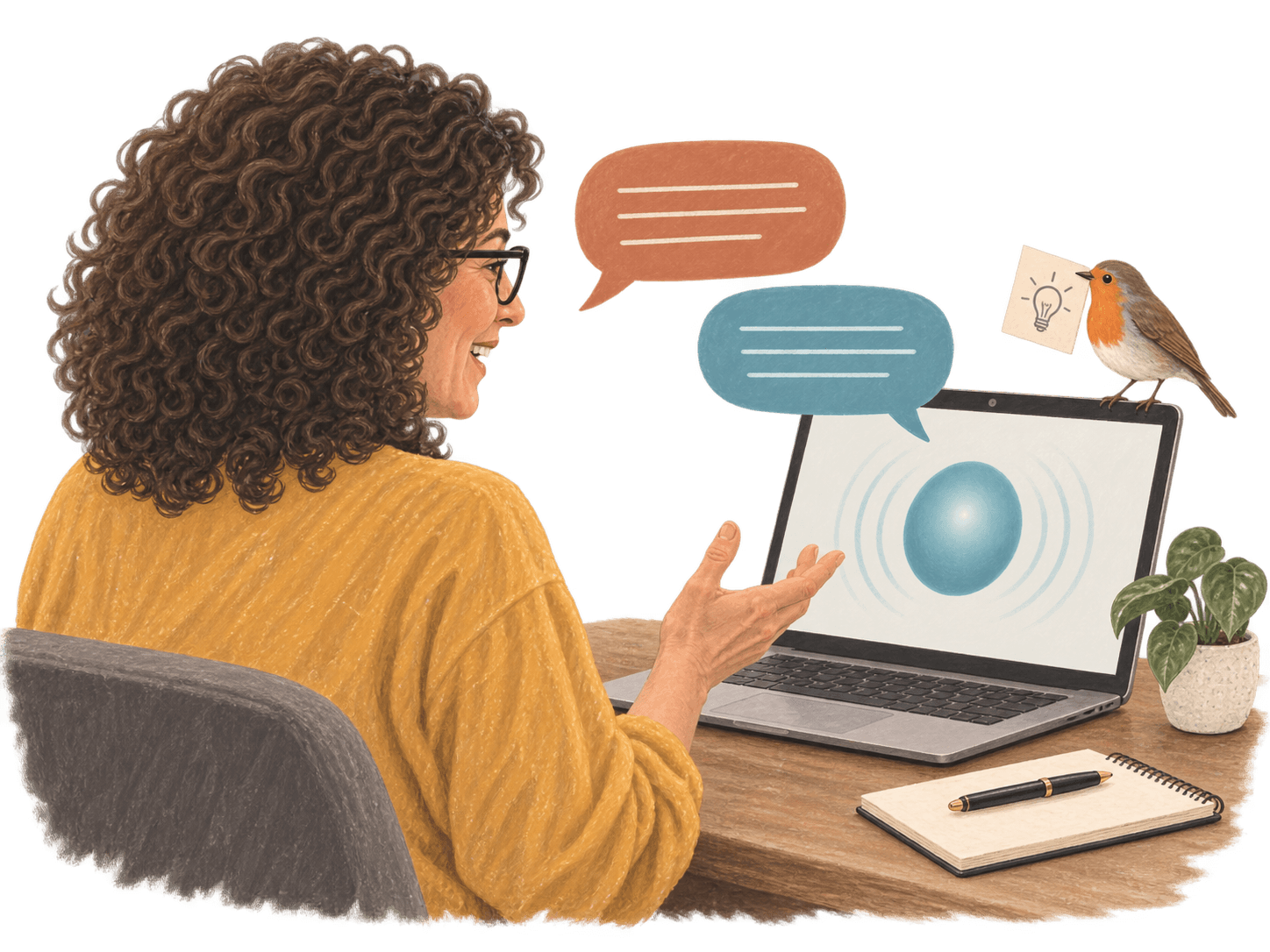 A coach rehearses out loud with an AI practice client, shown as a glowing blue orb on her laptop, while a robin offers a hint