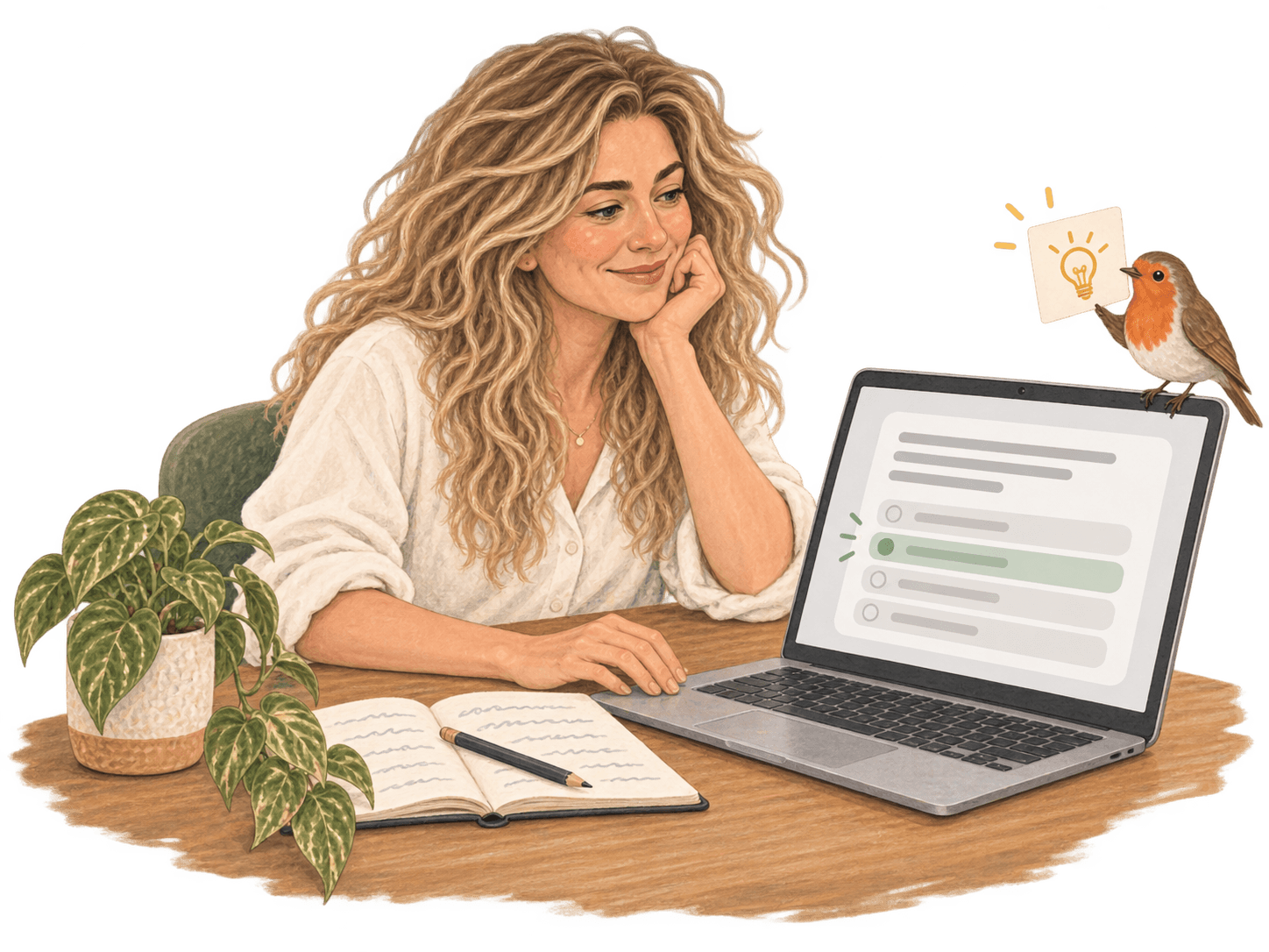 A coach smiles at her laptop as a practice question shows its right answer in green, while a robin on the screen holds up a card with a lightbulb