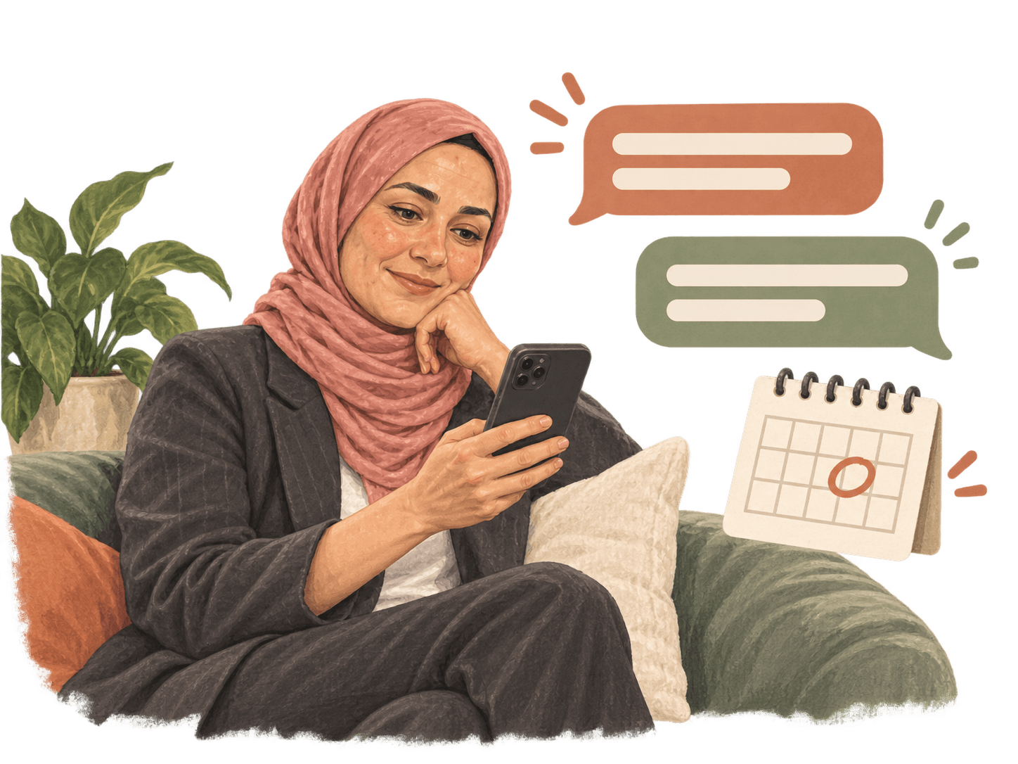 A coach smiles at her phone while messages and a calendar with one day circled float beside her