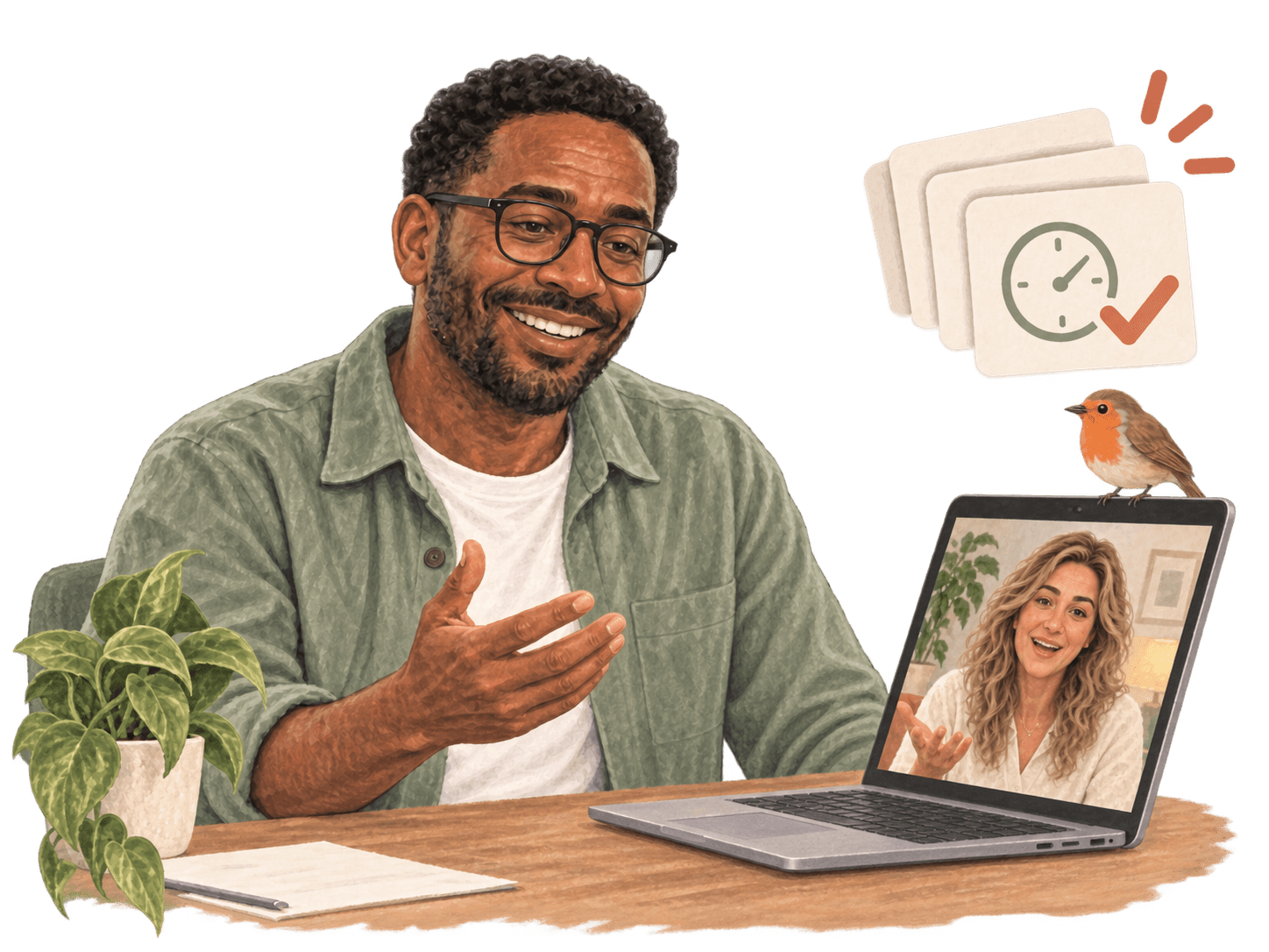 A coach talks with his practice partner on a video call while a stack of logged session cards gets a tick